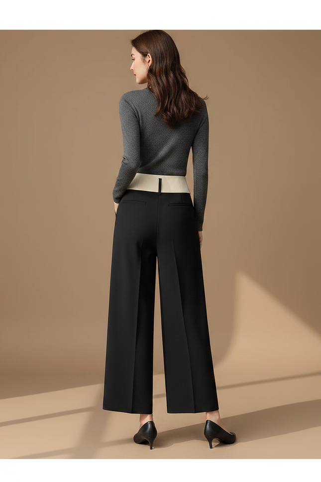 Pantalon Noir Fluide Taille Haute Large Élégant - Polyester - vue 2