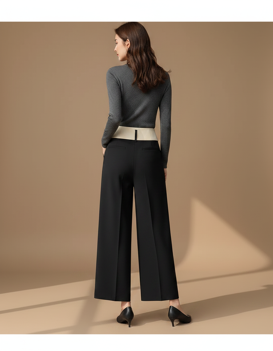 Pantalon Noir Fluide Taille Haute Large Élégant - Polyester - vue 2