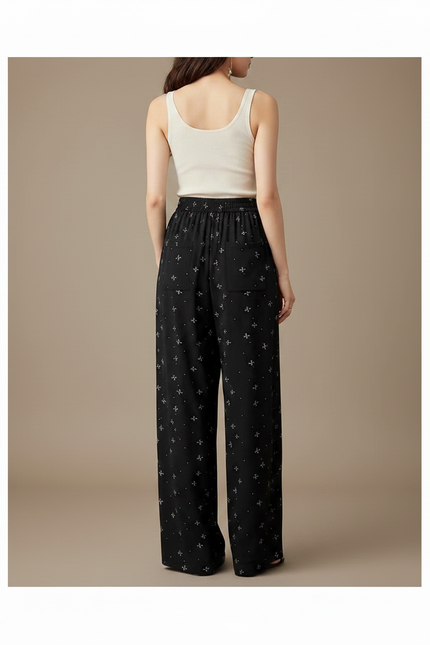 Pantalon Noir Fluide Motif Nœuds Papillon Larges Décontracté - Viscose - vue 2