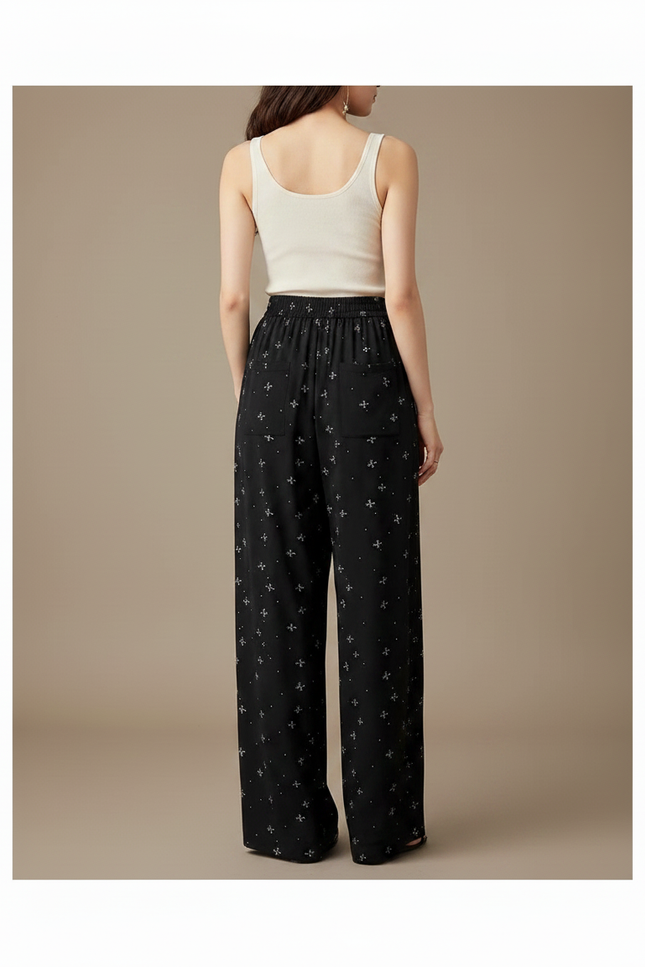 Pantalon Noir Fluide Motif Nœuds Papillon Larges Décontracté - Viscose - vue 2