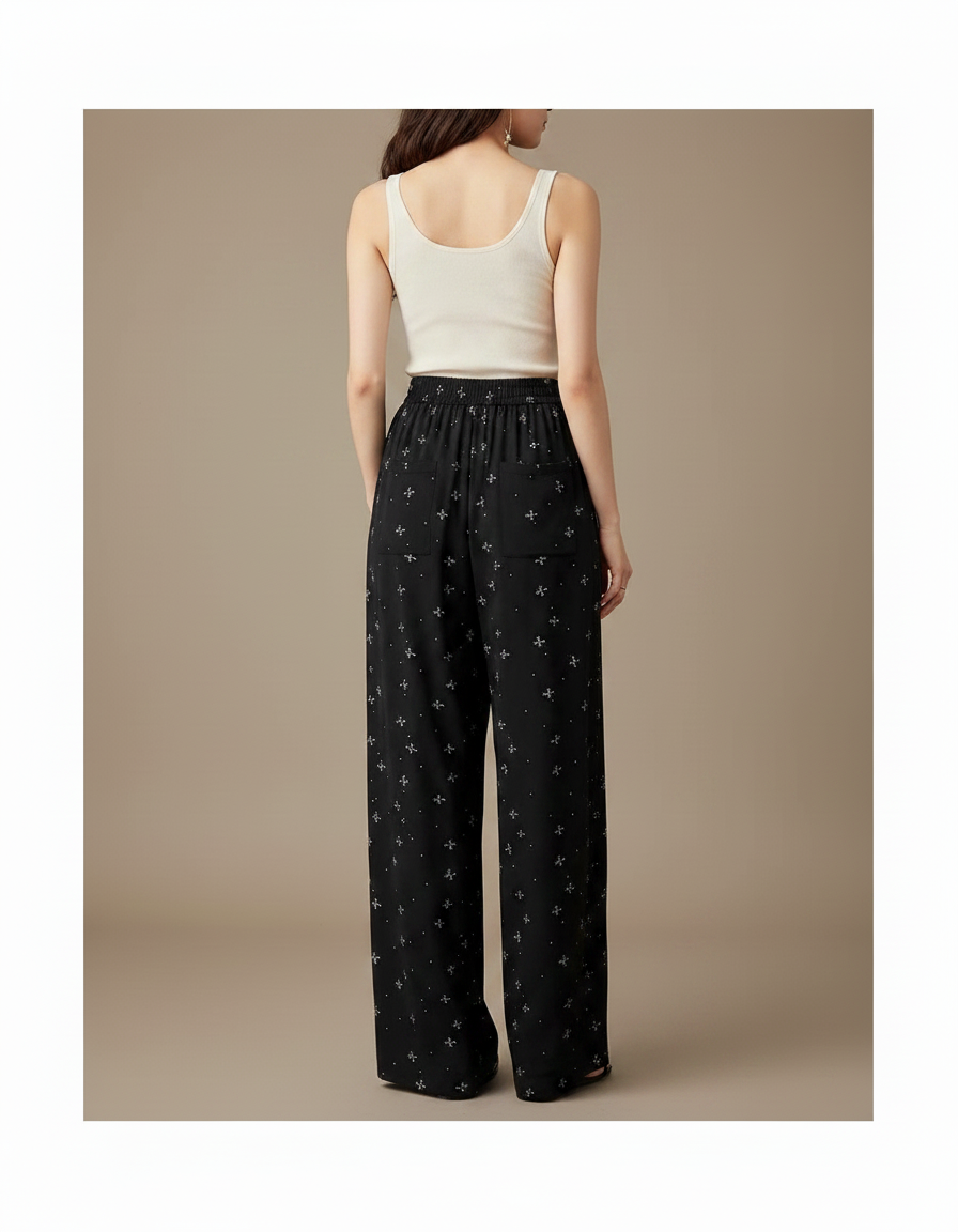 Pantalon Noir Fluide Motif Nœuds Papillon Larges Décontracté - Viscose - vue 2