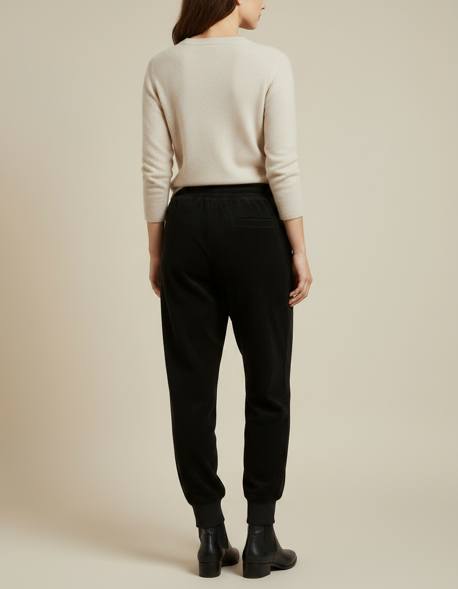 Pantalon Noir Côtelé Ample Brodé Cordon Femme - Cordé - vue 2