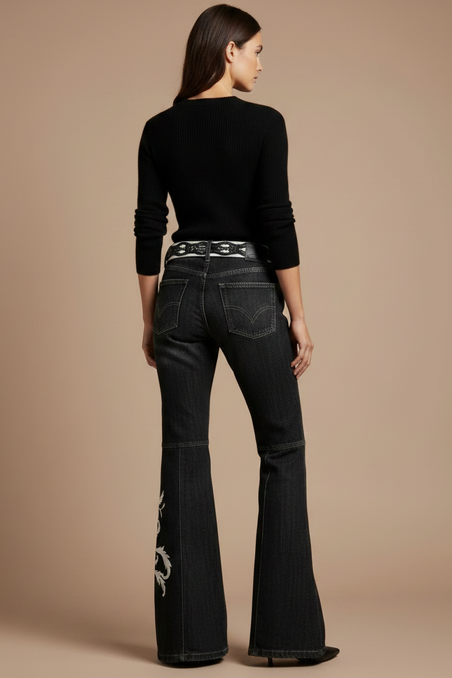 Pantalon Noir Évasé Brodé Vintage Y2K - Jean - vue 2