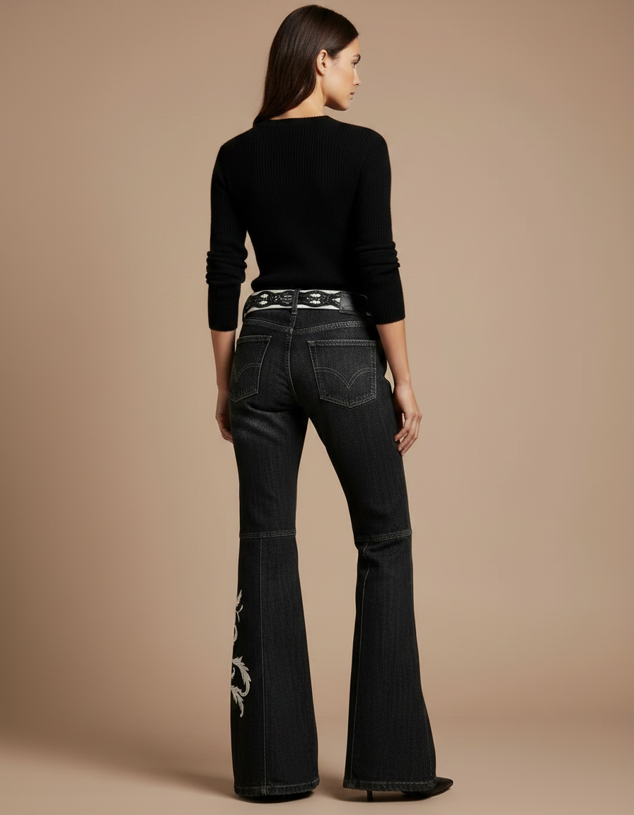 Pantalon Noir Évasé Brodé Vintage Y2K - Jean - vue 2