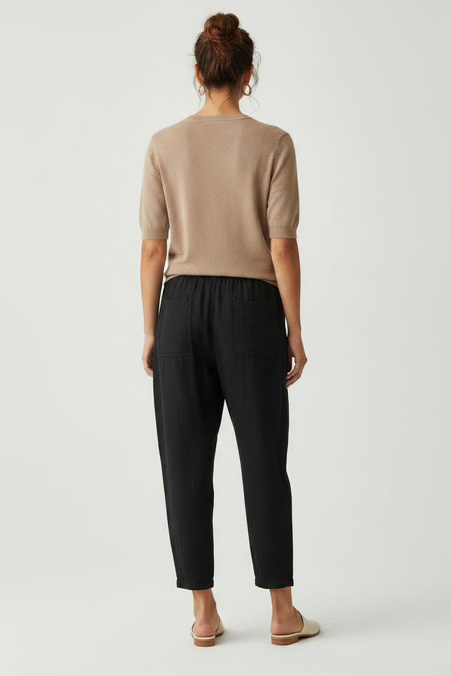 Pantalon Noir Coton Lin Ample Décontracté Femme - vue 2