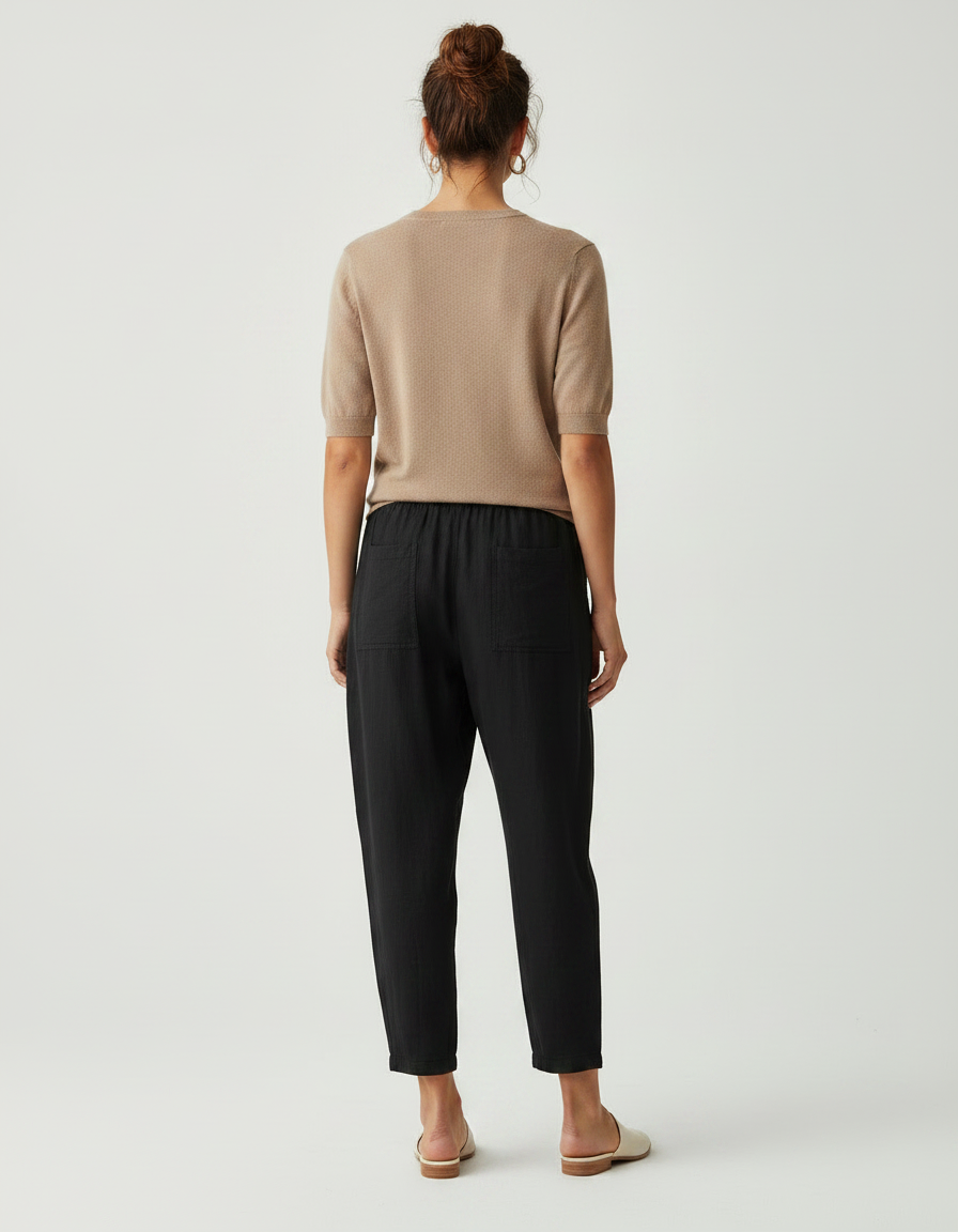 Pantalon Noir Coton Lin Ample Décontracté Femme - vue 2