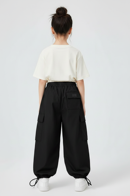 Pantalon Noir Cargo Ample Cordon Streetwear Fille - Toile - vue 2
