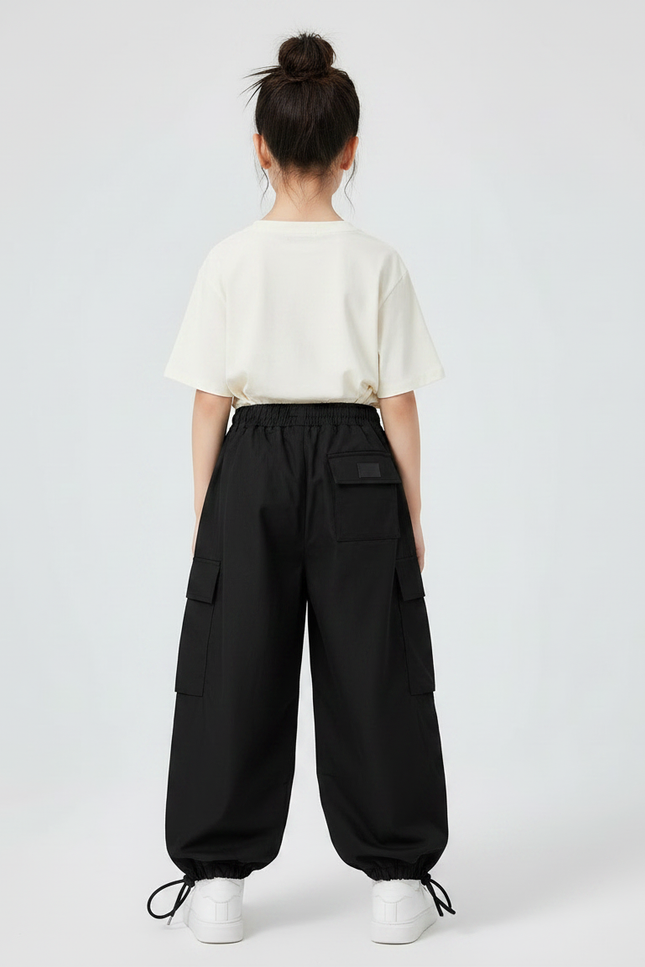 Pantalon Noir Cargo Ample Cordon Streetwear Fille - Toile - vue 2
