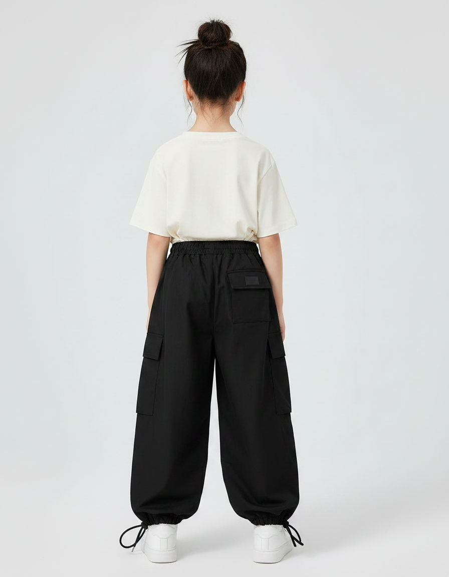 Pantalon Noir Cargo Ample Cordon Streetwear Fille - Toile - vue 2