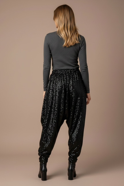 Pantalon Noir Paillettes Ample Décontracté Femme - Polyester - vue 2