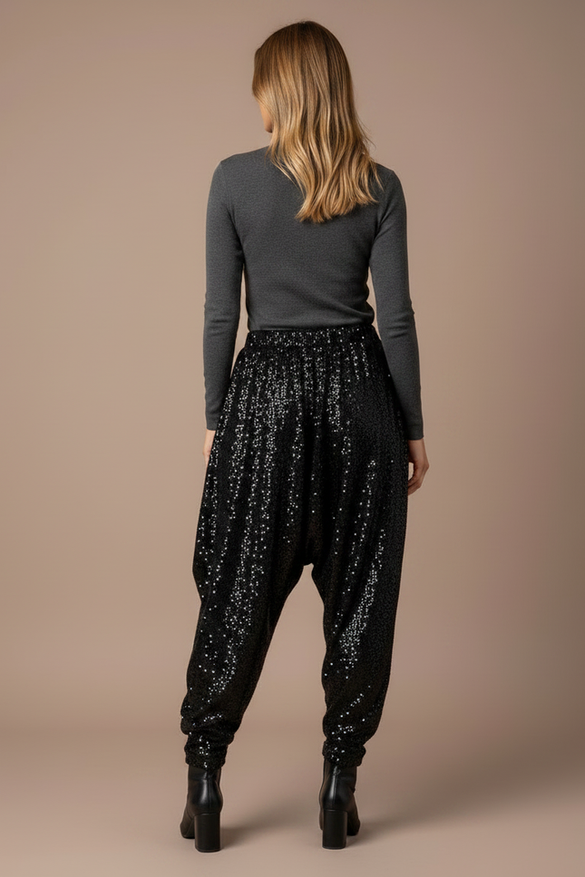 Pantalon Noir Paillettes Ample Décontracté Femme - Polyester - vue 2
