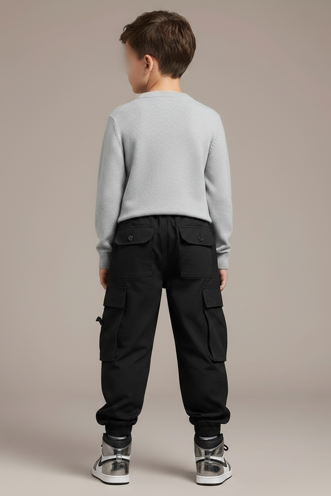 Pantalon Noir Cargo Coton Streetwear Ample Garçon - Toile - vue 2