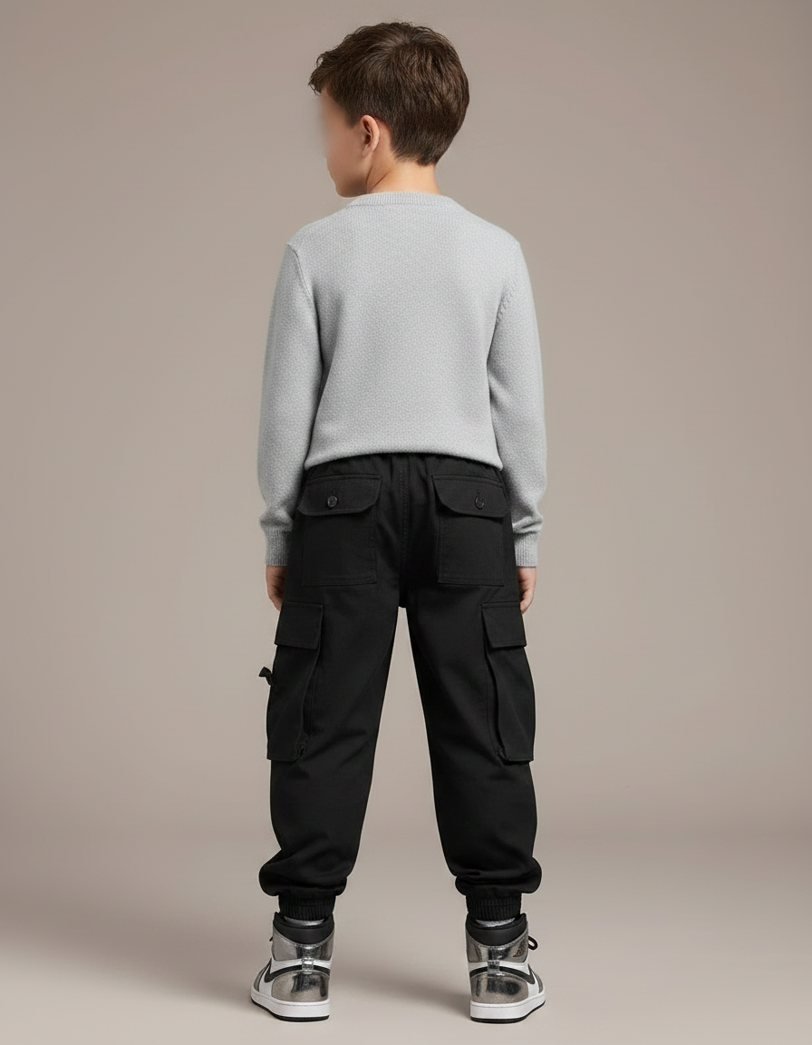Pantalon Noir Cargo Coton Streetwear Ample Garçon - Toile - vue 2
