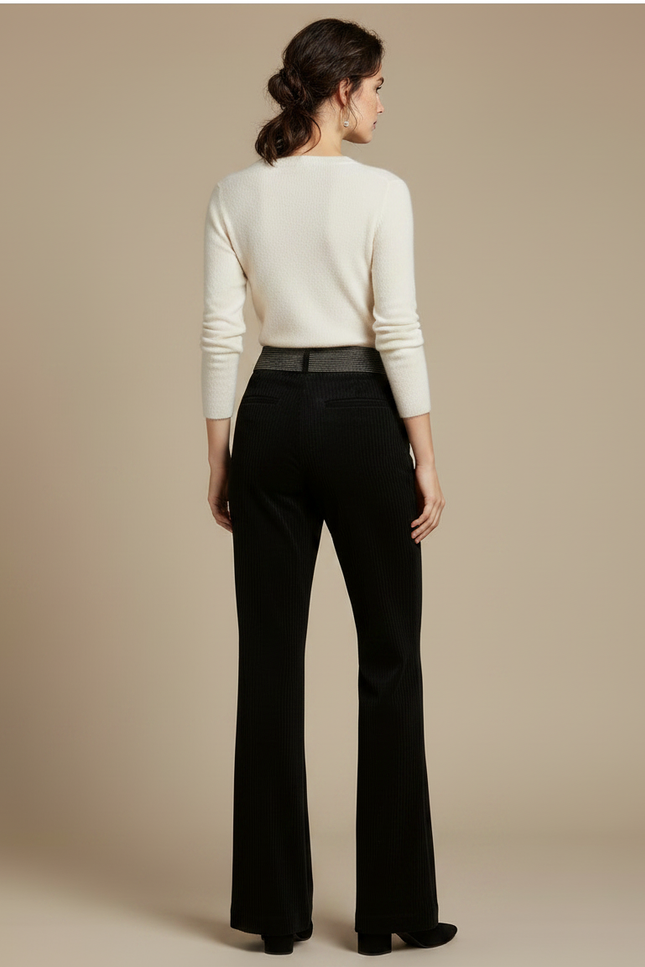 Pantalon Noir Côtelé Évasé Taille Haute Femme - Cordé - vue 2