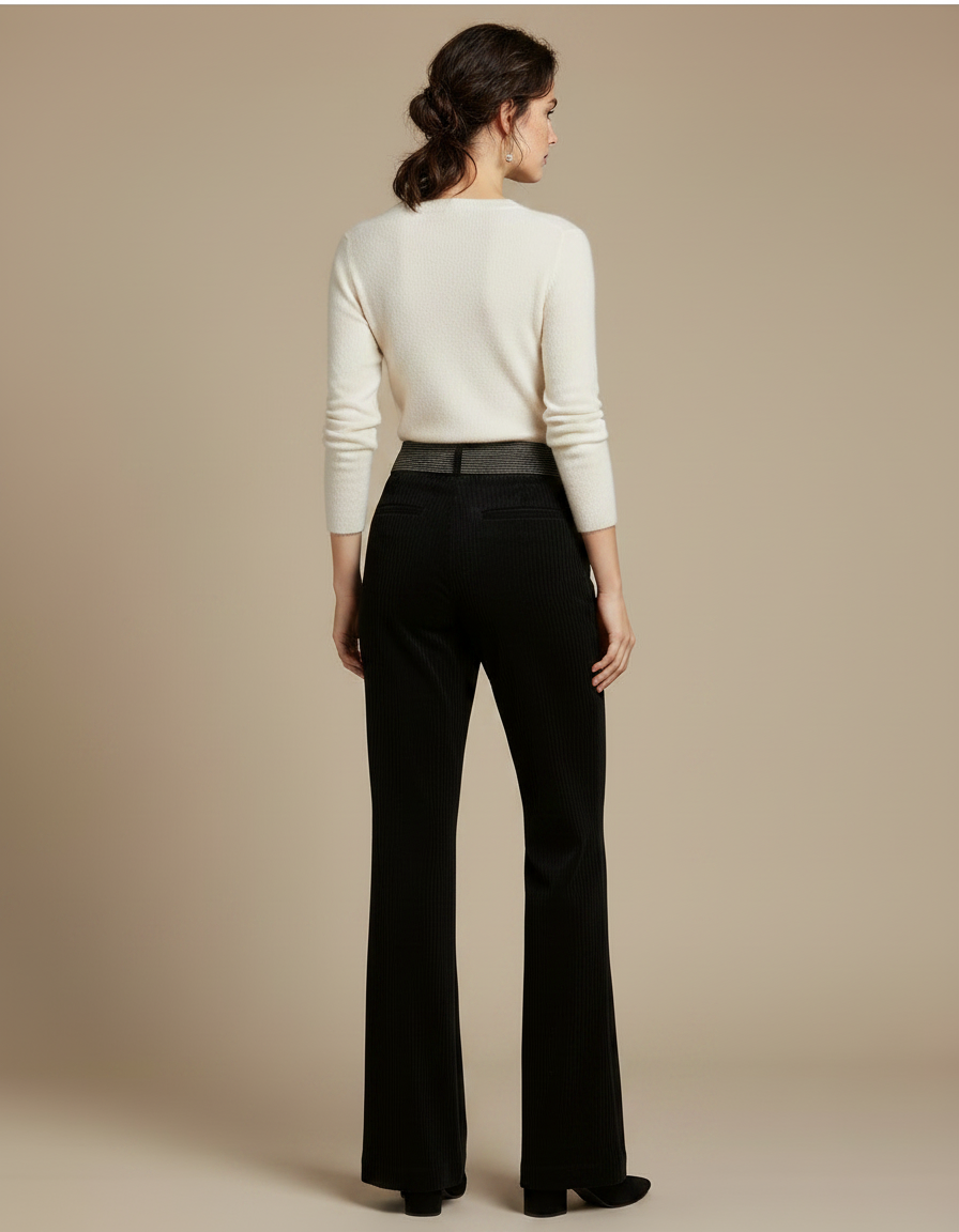 Pantalon Noir Côtelé Évasé Taille Haute Femme - Cordé - vue 2