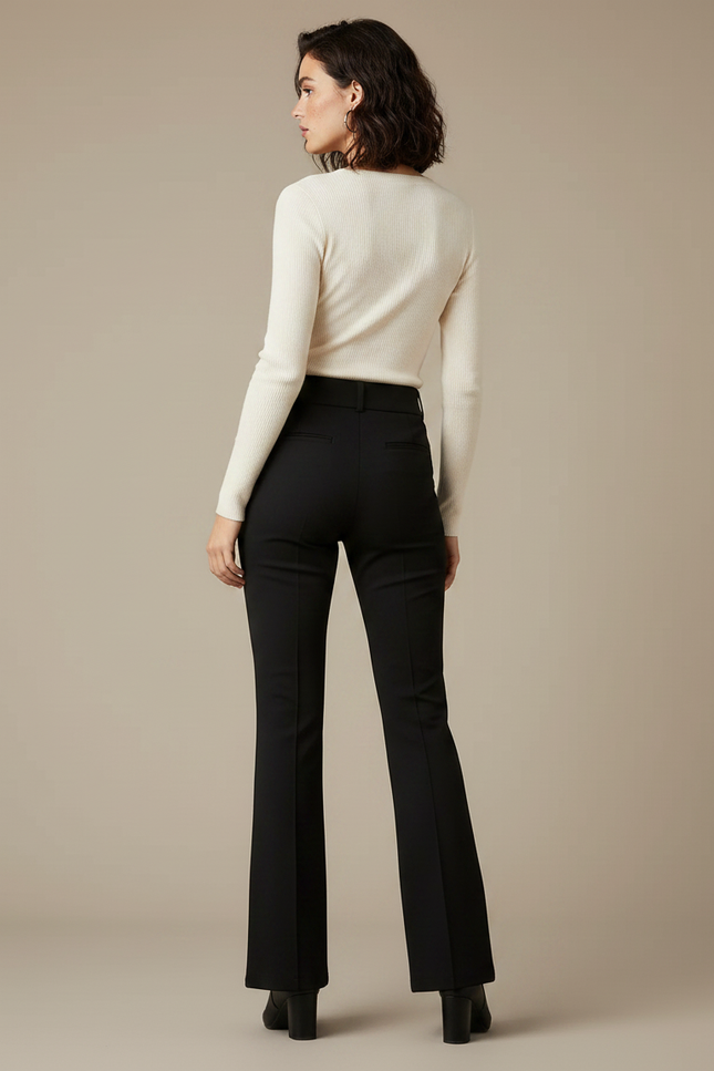 Pantalon Noir Flared Taille Haute Élégant Femme - Polyester - vue 2