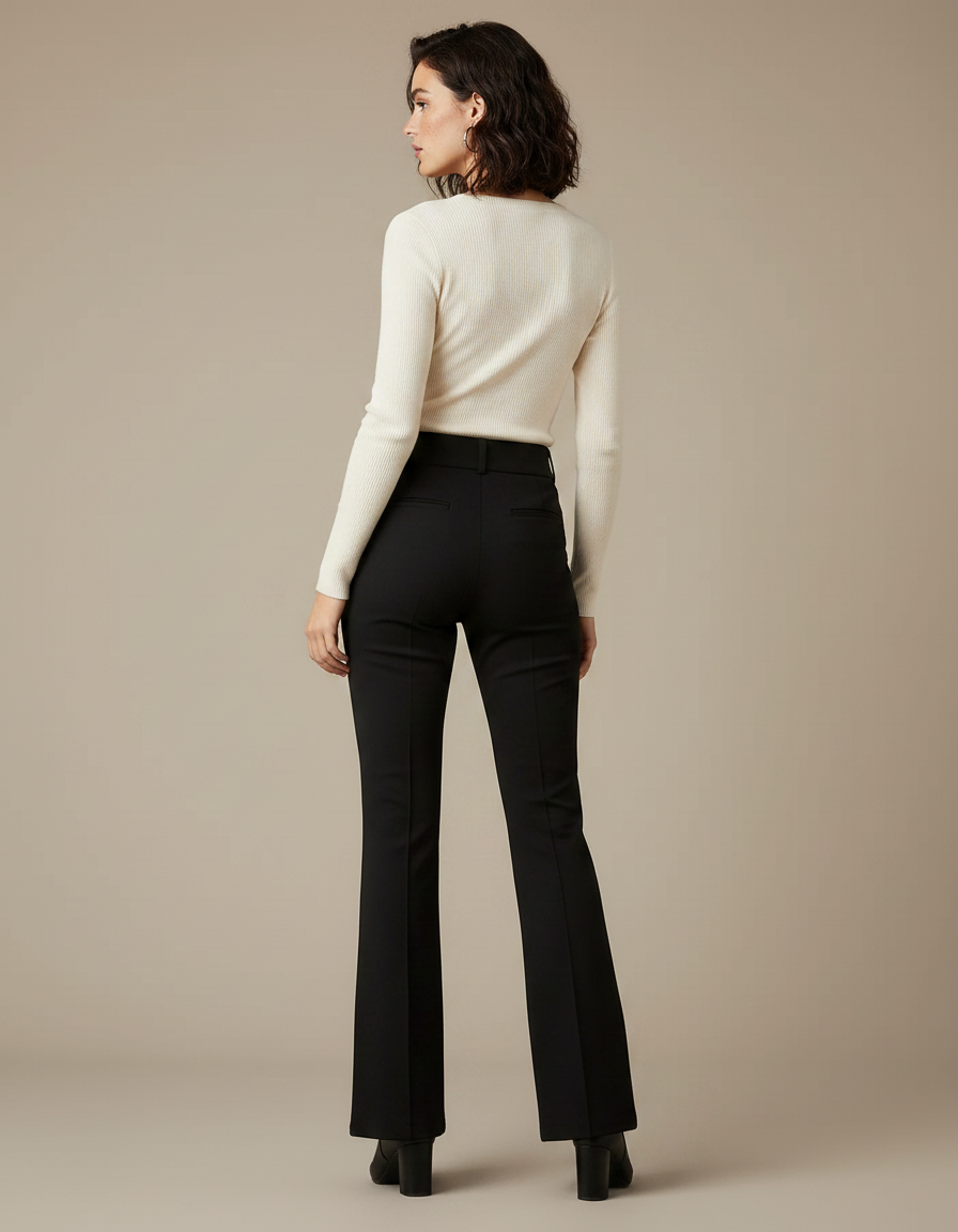 Pantalon Noir Flared Taille Haute Élégant Femme - Polyester - vue 2