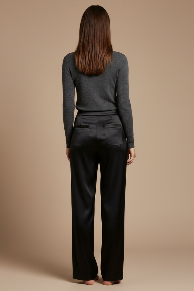 Pantalon Noir Satin Fluide Ample Élégant Femme - vue 2