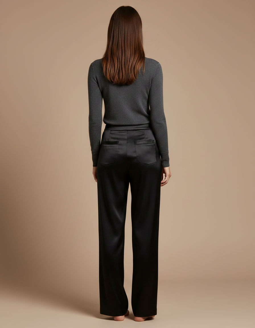 Pantalon Noir Satin Fluide Ample Élégant Femme - vue 2