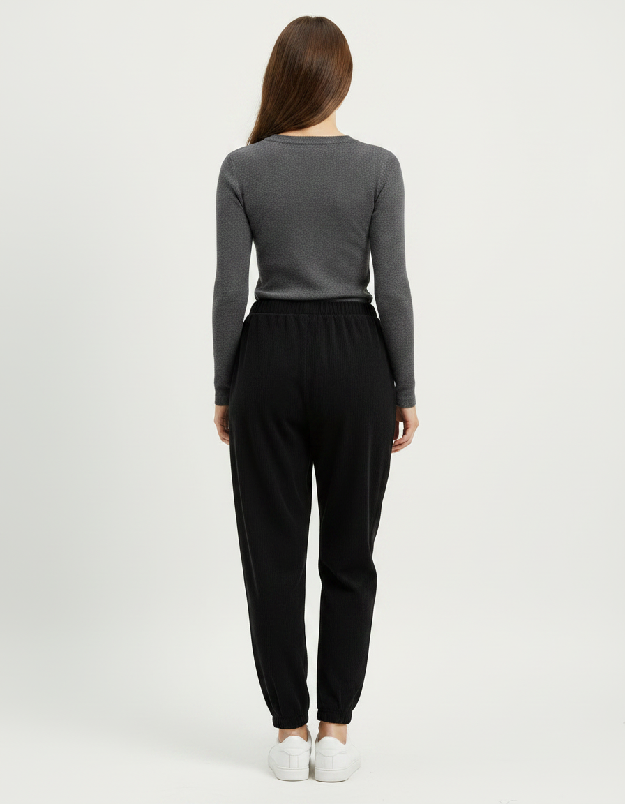 Pantalon Noir Ample Côtelé Décontracté Velours Femme - vue 2