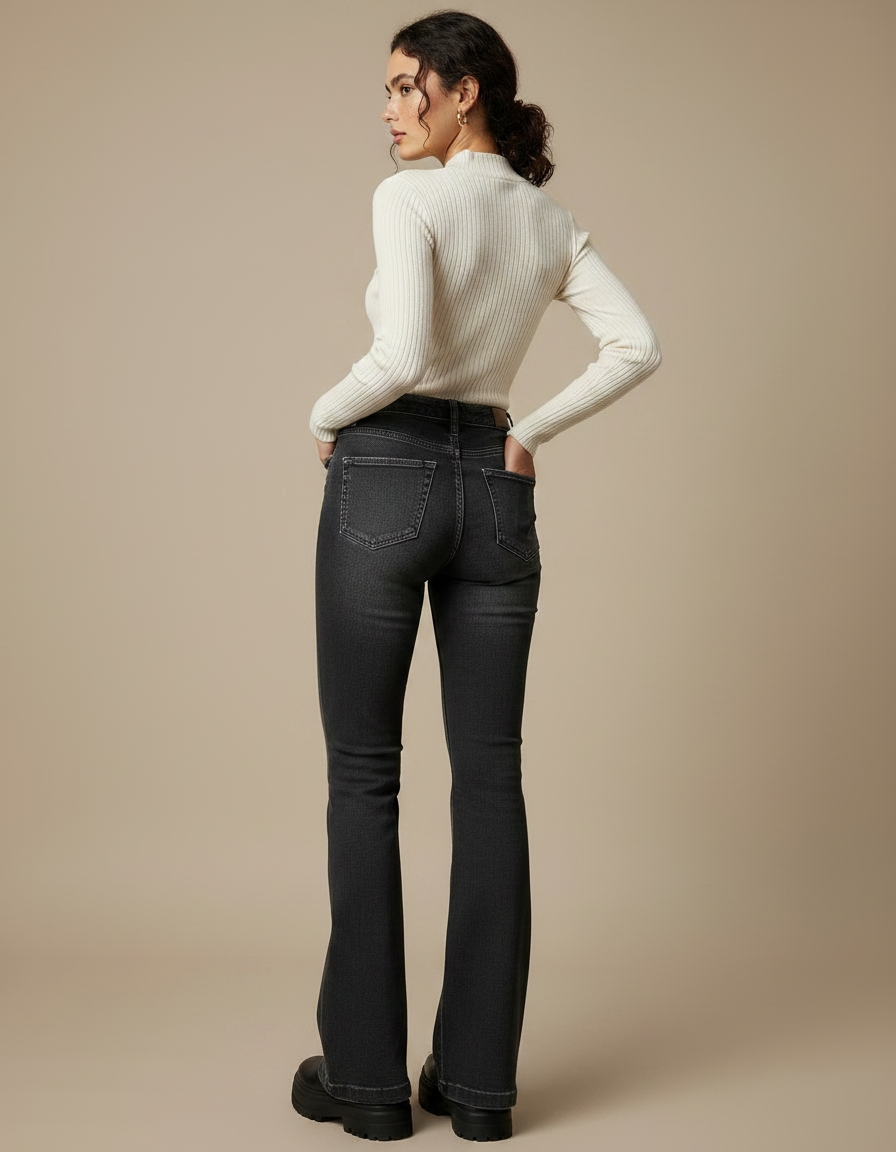 Pantalon Noir Flare Taille Haute Élastique Vintage Denim - Jean - vue 2