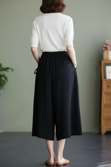 Pantalon Noir Ample Lin Coton Décontracté Femme - vue 2