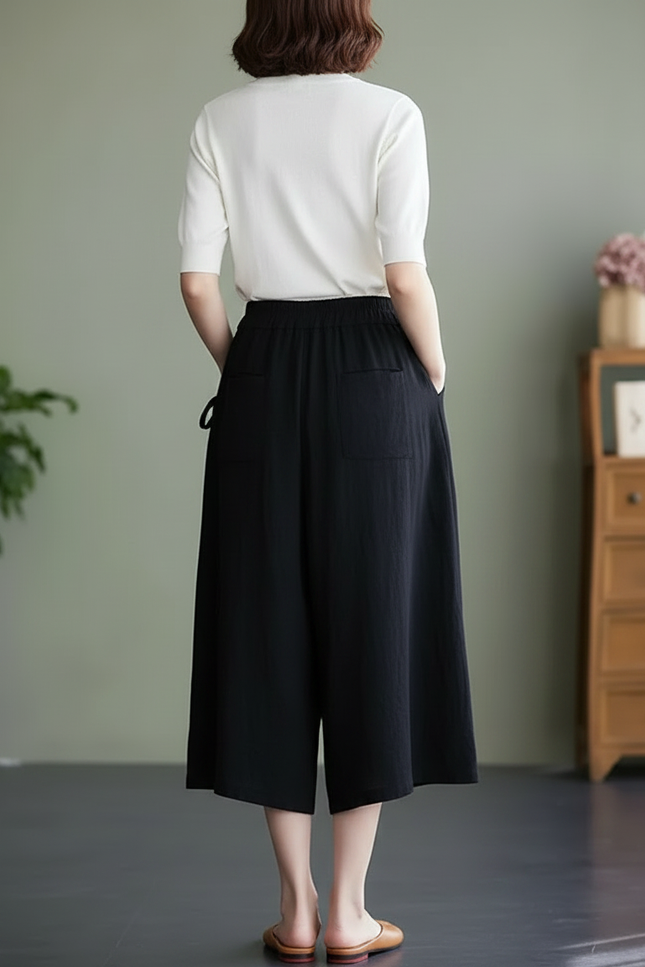 Pantalon Noir Ample Lin Coton Décontracté Femme - vue 2