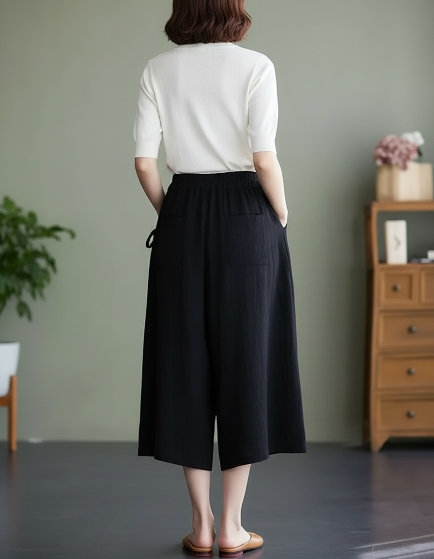 Pantalon Noir Ample Lin Coton Décontracté Femme - vue 2