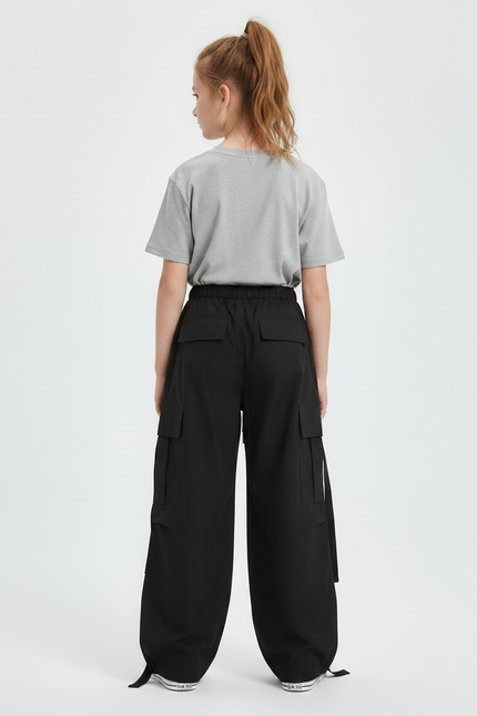 Pantalon Noir Cargo Ample Cordon Décontracté Fille - Polyester - vue 2