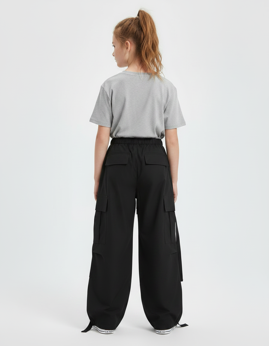 Pantalon Noir Cargo Ample Cordon Décontracté Fille - Polyester - vue 2