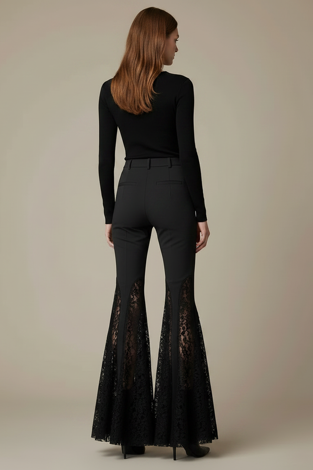 Pantalon Noir Évasé Dentelle Croix Gothique Sexy - Gabardine - vue 2