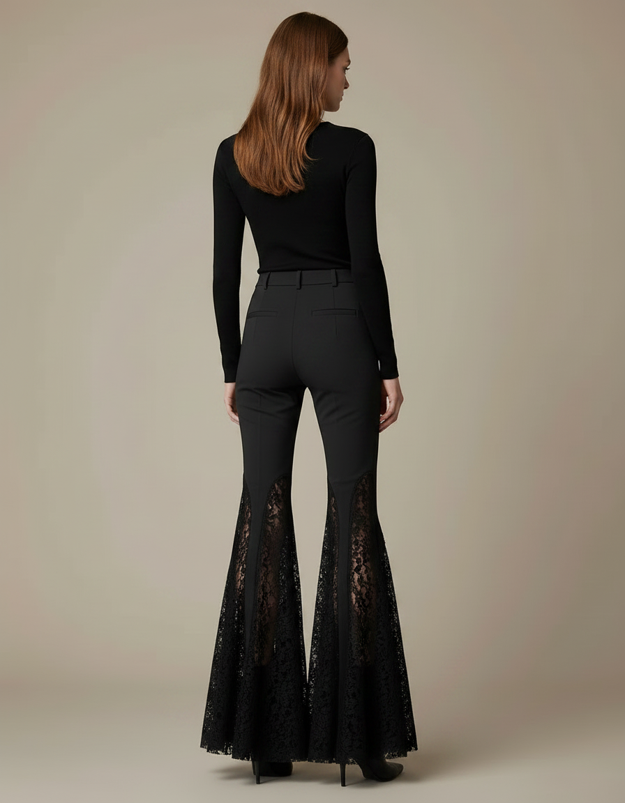 Pantalon Noir Évasé Dentelle Croix Gothique Sexy - Gabardine - vue 2