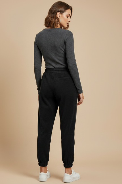 Pantalon Noir Côtelé Décontracté Taille Élastique Femme - Cordé - vue 2