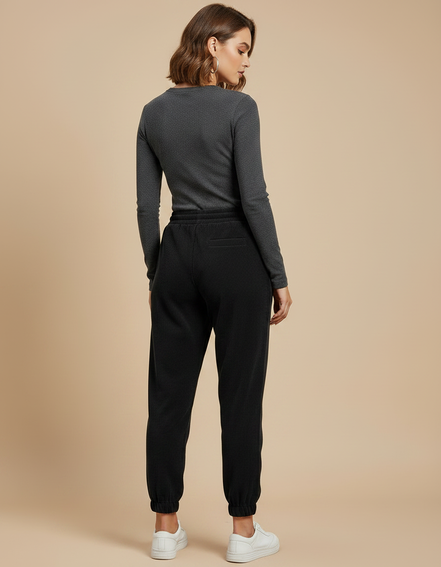 Pantalon Noir Côtelé Décontracté Taille Élastique Femme - Cordé - vue 2