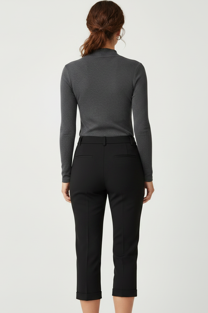 Pantalon Noir Cropped Élégant Taille Haute Femme - Polyester - vue 2