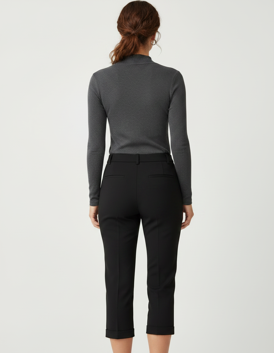 Pantalon Noir Cropped Élégant Taille Haute Femme - Polyester - vue 2
