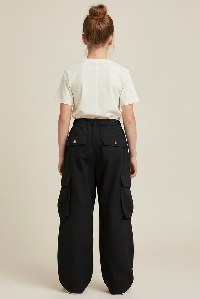 Pantalon Noir Cargo Ample Décontracté Fille - Polyester - vue 2