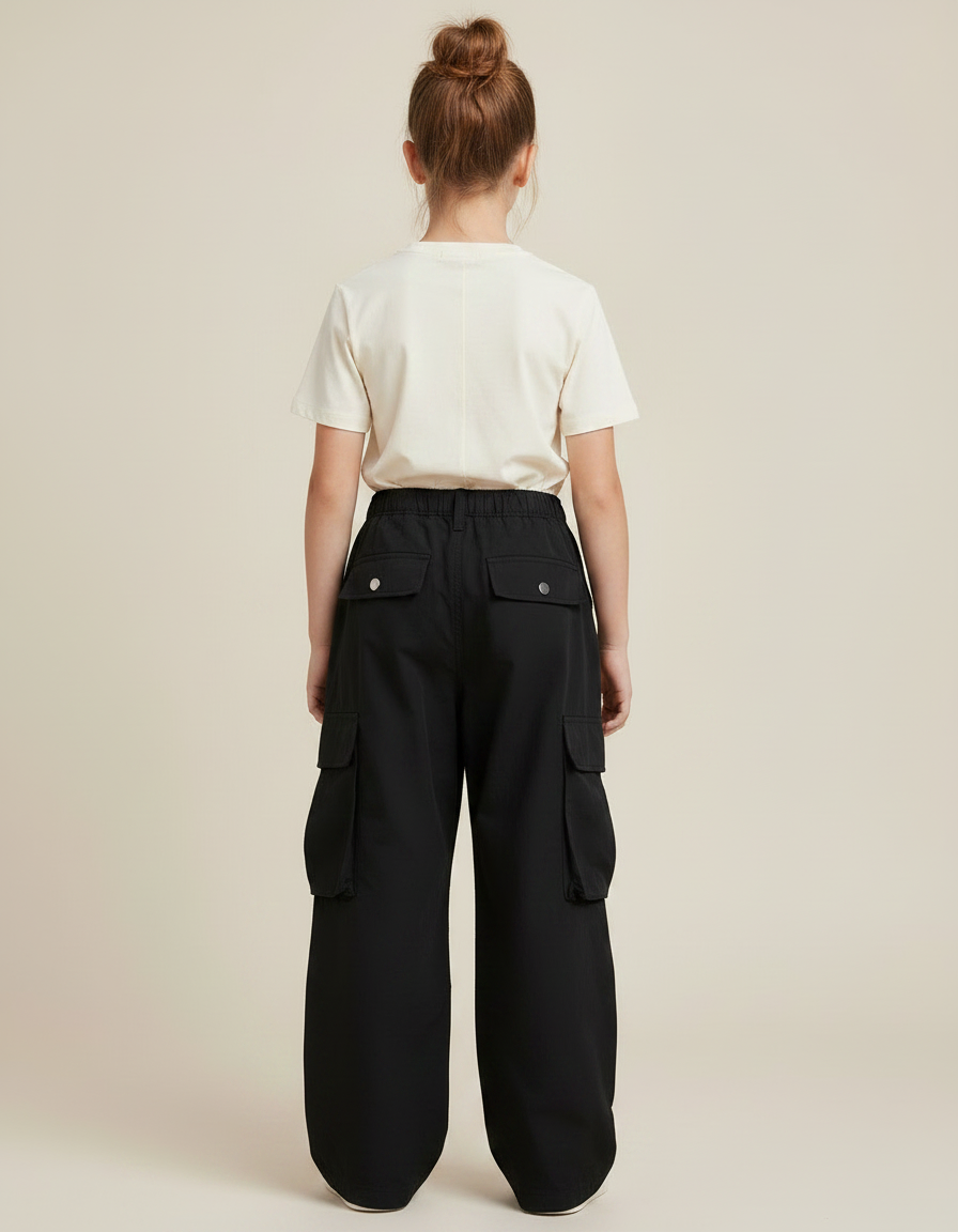 Pantalon Noir Cargo Ample Décontracté Fille - Polyester - vue 2