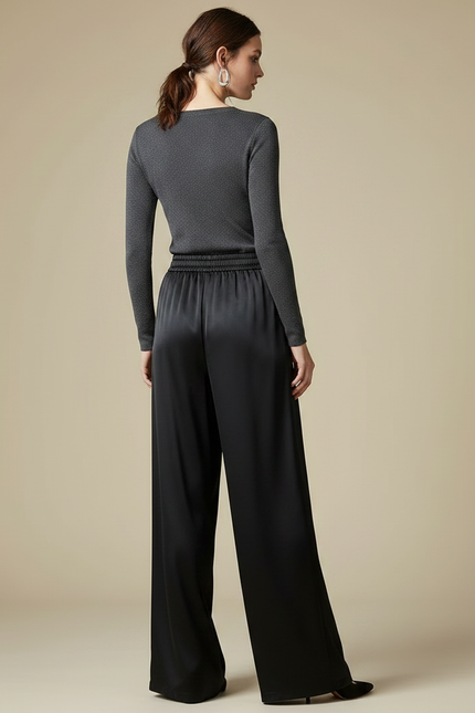 Pantalon Noir Satin Ample Fluide Élégant Taille Haute - vue 2