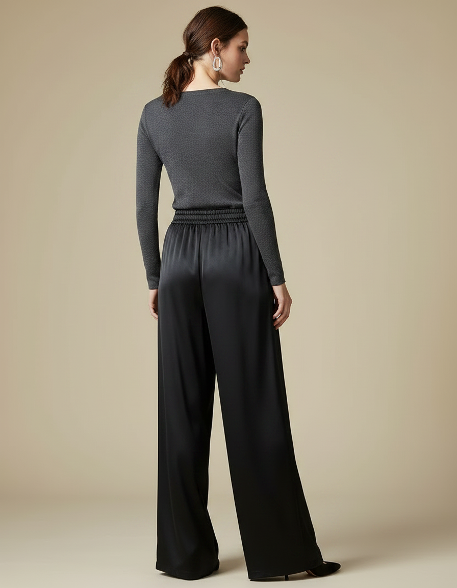 Pantalon Noir Satin Ample Fluide Élégant Taille Haute - vue 2