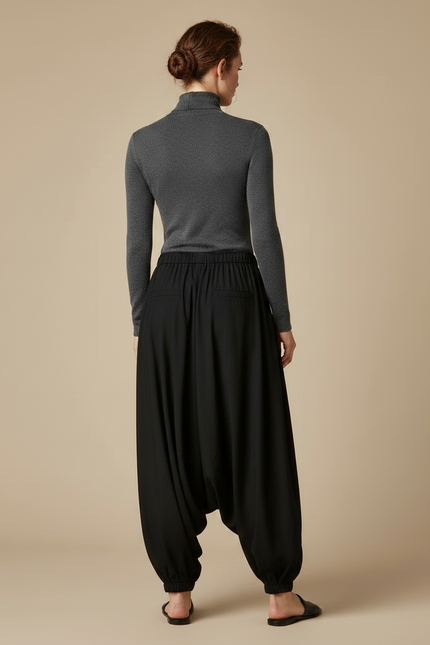 Pantalon Noir Ample Harem Décontracté Fluide - Viscose - vue 2