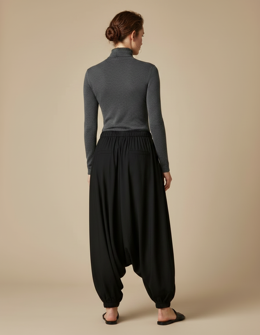 Pantalon Noir Ample Harem Décontracté Fluide - Viscose - vue 2