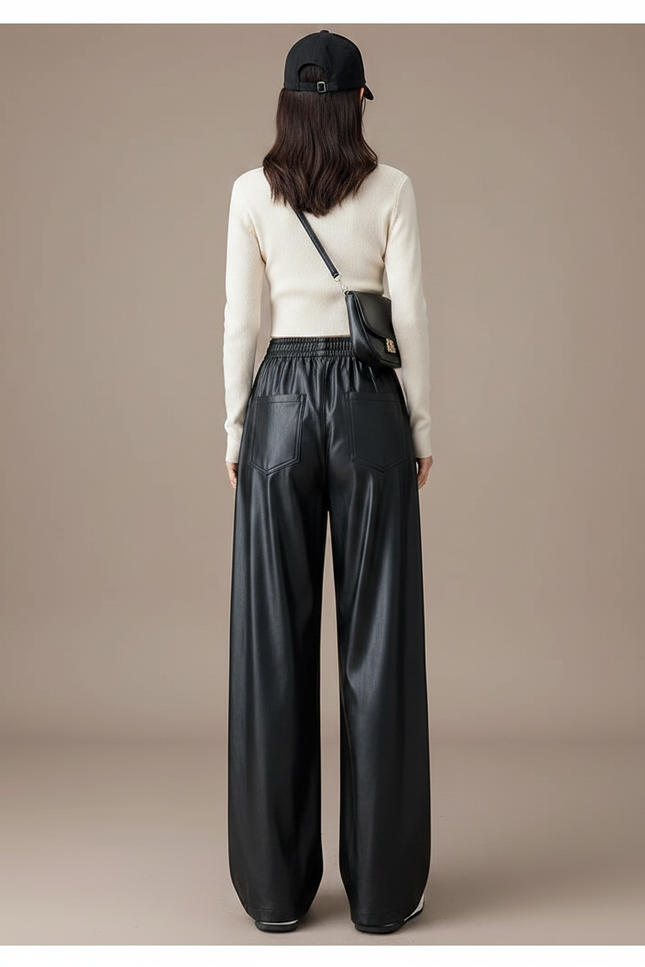 Pantalon Noir Similicuir Large Fluide Décontracté Femme - Simili cuir - vue 2