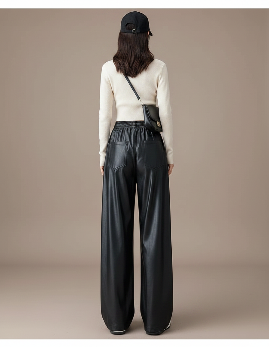 Pantalon Noir Similicuir Large Fluide Décontracté Femme - Simili cuir - vue 2