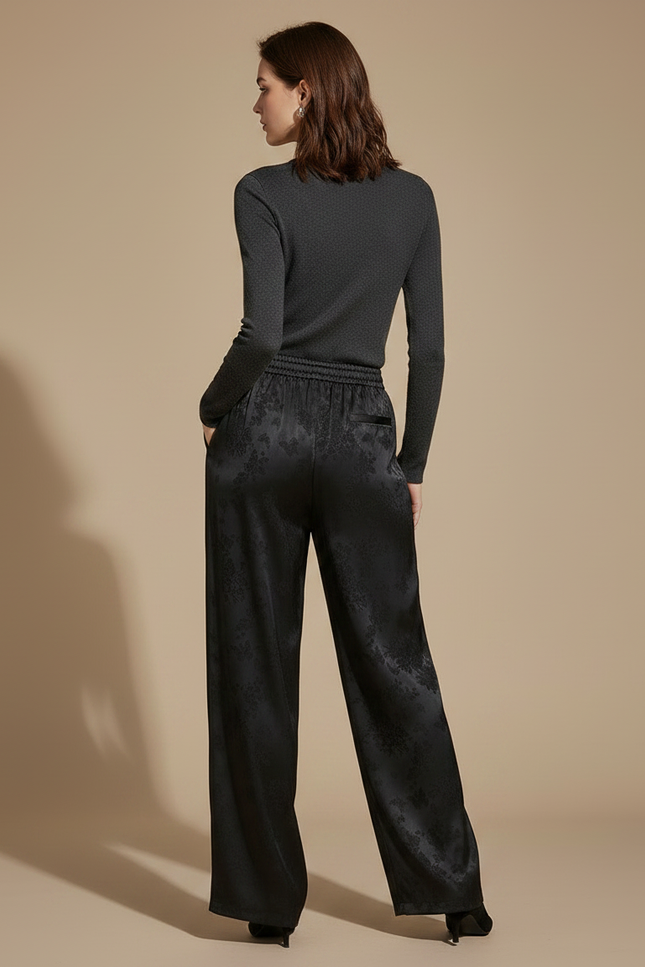 Pantalon Noir Satiné Large Fluide Imprimé Élégant - vue 2