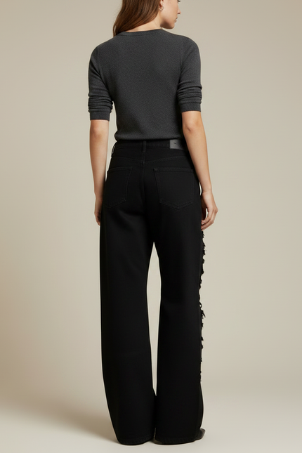 Pantalon Noir Ample Brodé Délavé Streetwear Femme - Jean - vue 2