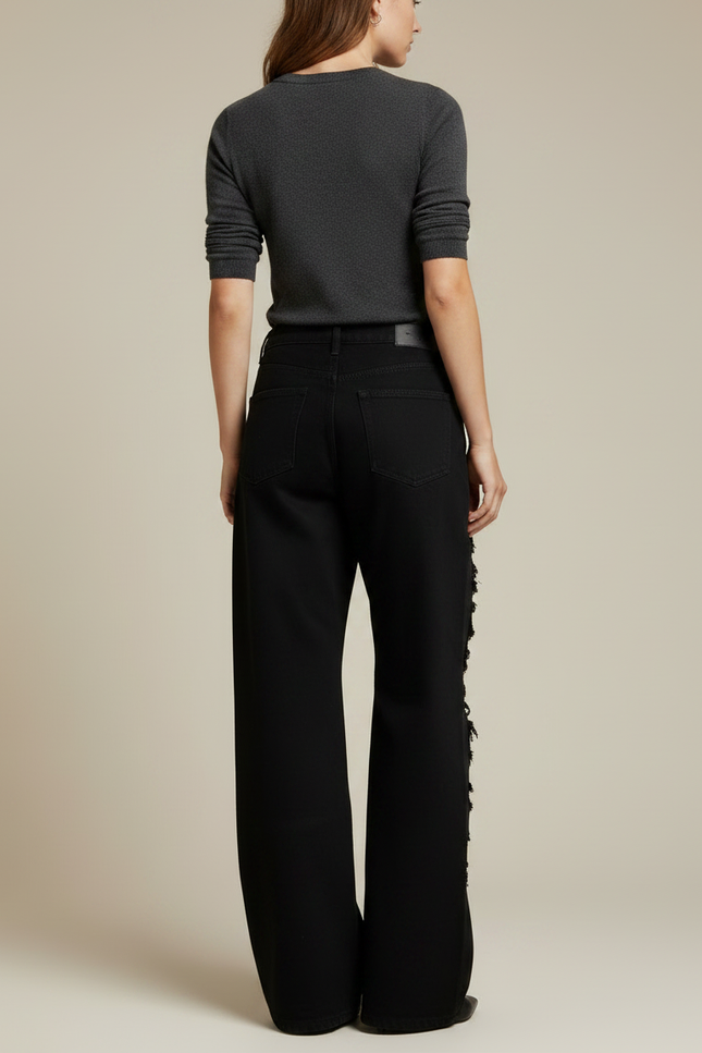 Pantalon Noir Ample Brodé Délavé Streetwear Femme - Jean - vue 2
