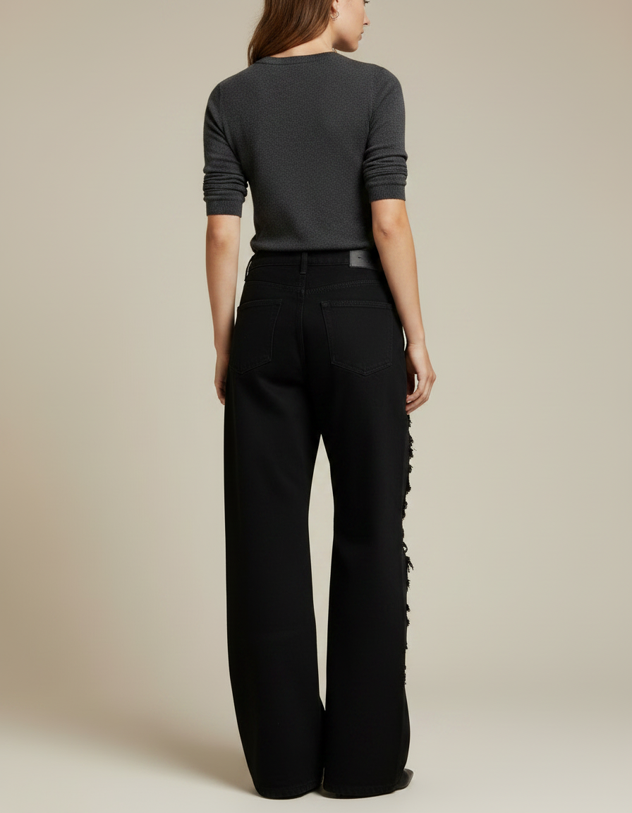Pantalon Noir Ample Brodé Délavé Streetwear Femme - Jean - vue 2