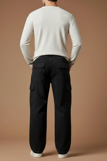 Pantalon Noir Cargo Ample Coton Décontracté Homme - vue 2