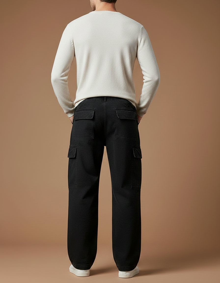 Pantalon Noir Cargo Ample Coton Décontracté Homme - vue 2